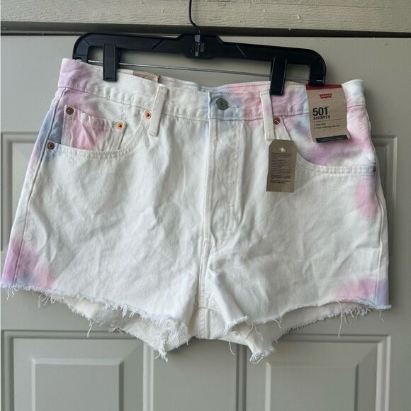 Women’s Levi 501 White Shorts With Pink And Blue Tye Dye Size 33 - Picture 6 of 12